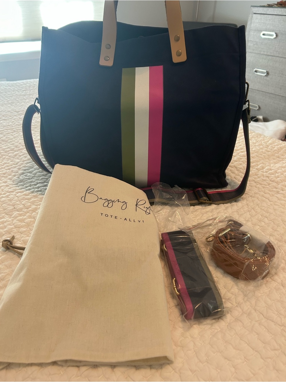 Bagging Rights -Navy Canvas Tote with Pink & Olive Center Stripe and Tan Handles - Picture 2 of 5